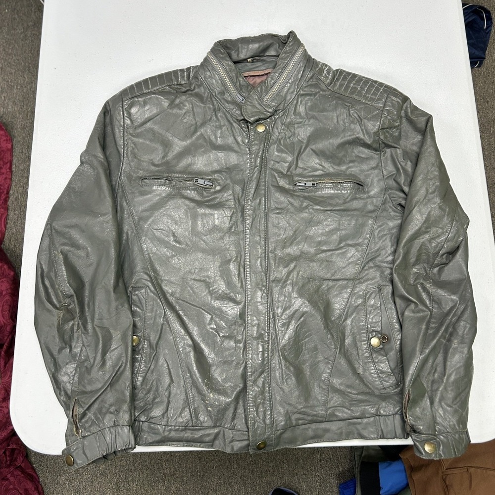 Wilsons Leather Faux Leather Cafe Racer Jacket Mens M Grey Distressed Moto Biker